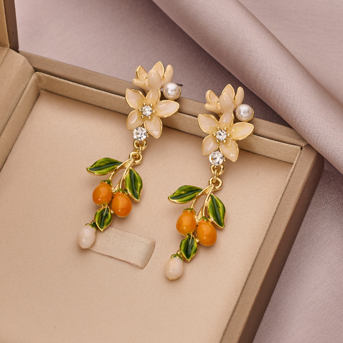 Enamel Floral Bloom collection: citrus blossom and mandarin jewelry set