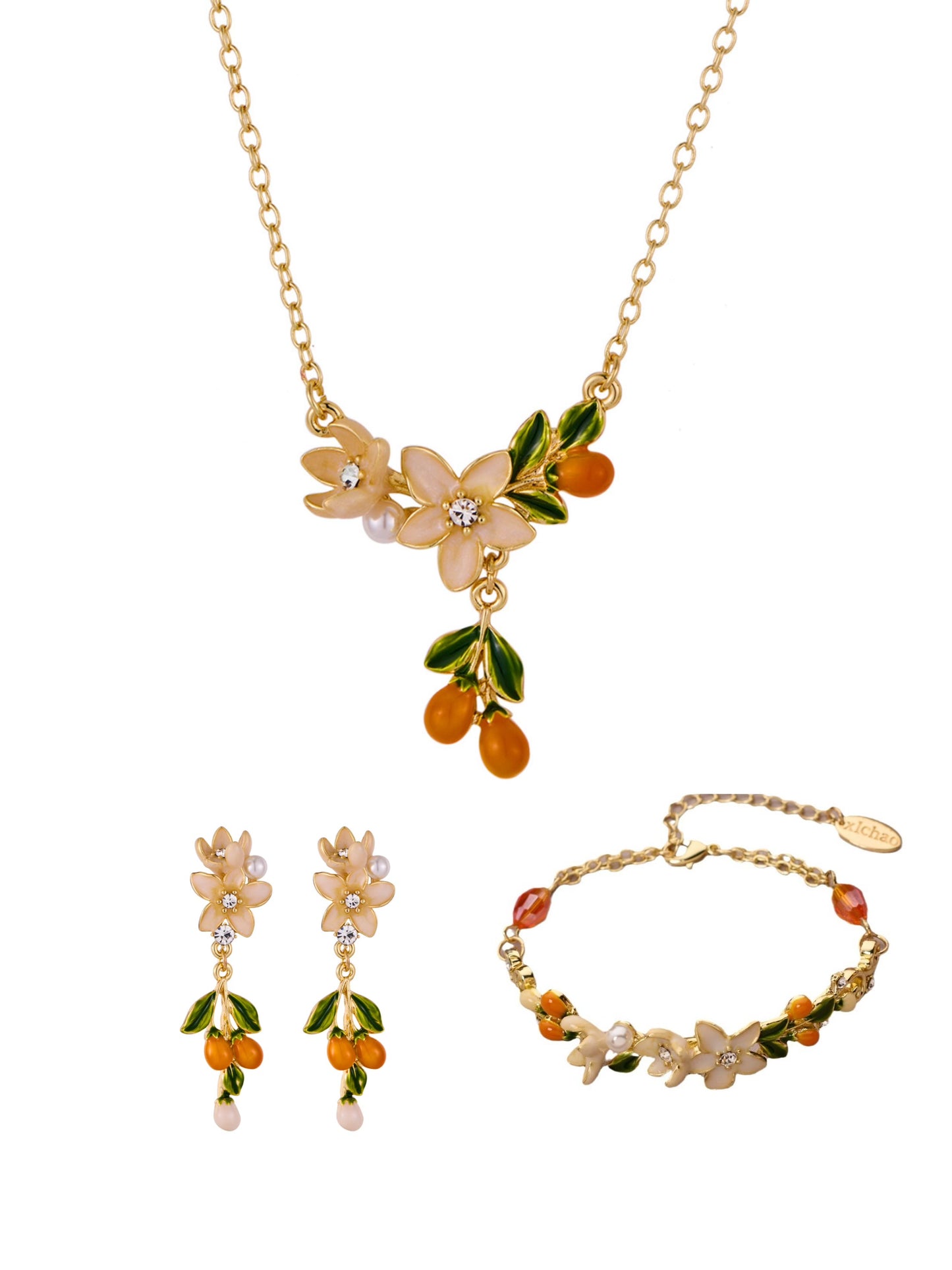 Enamel Floral Bloom collection: citrus blossom and mandarin jewelry set