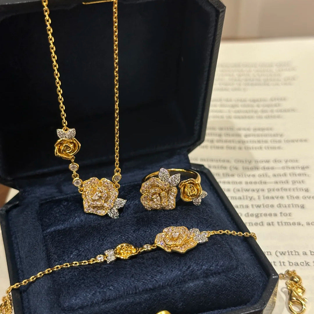 Fashion twin rose jewelry set: ring, bracelet, necklace