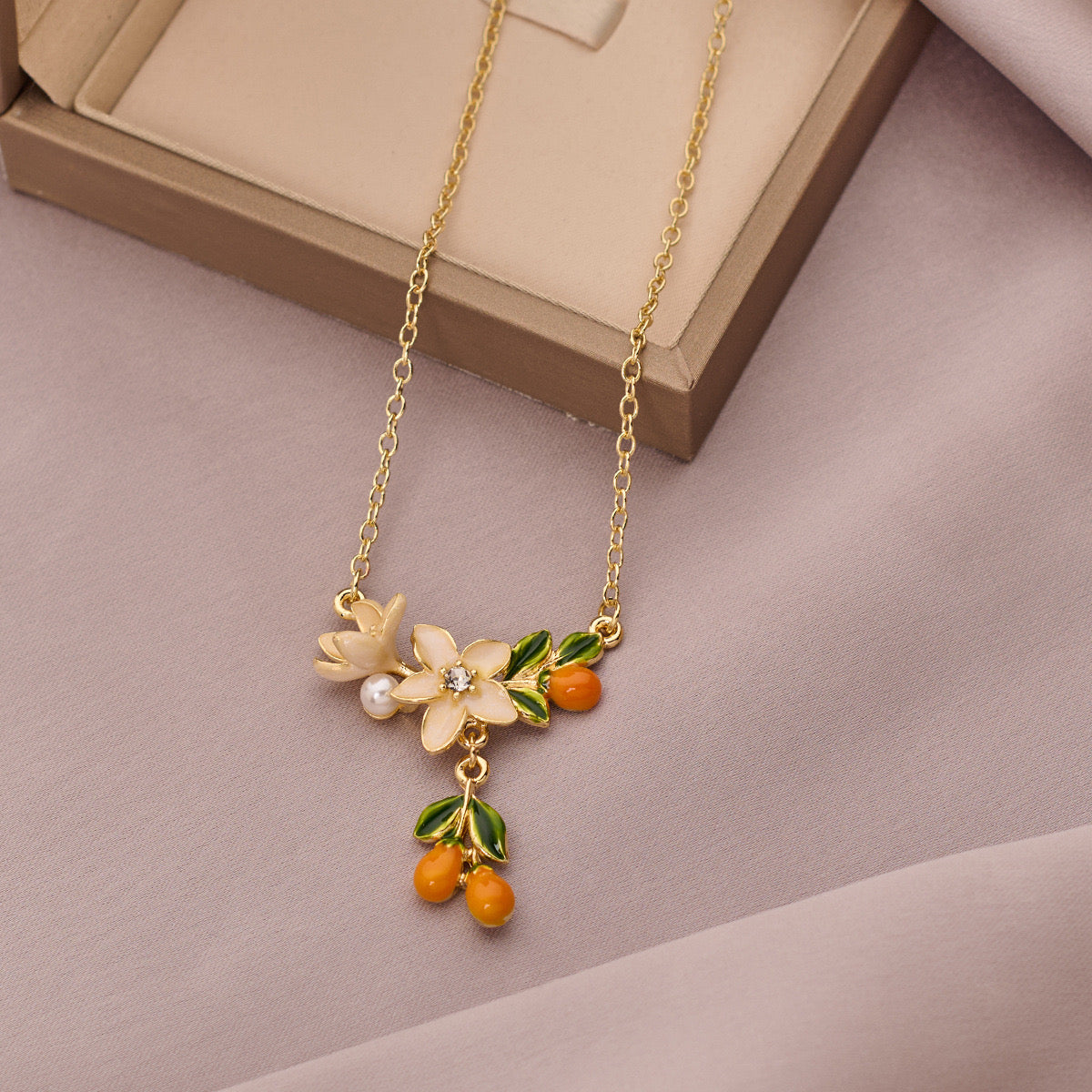 Enamel Floral Bloom collection: citrus blossom and mandarin jewelry set